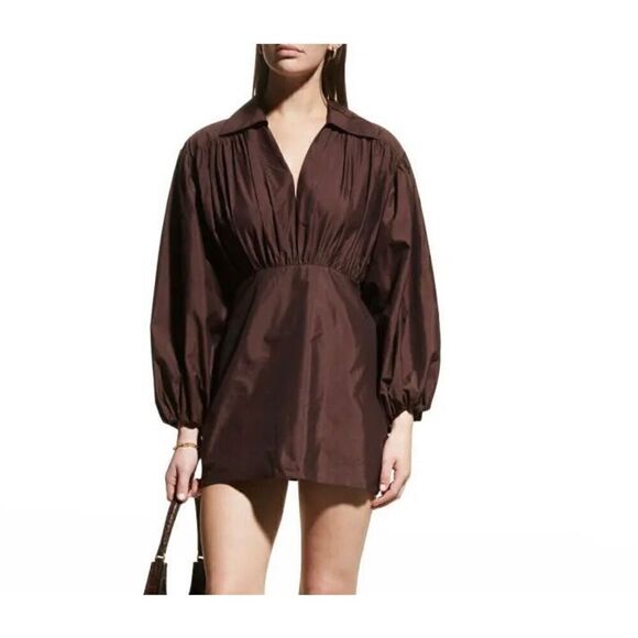 NWT Rohe Novi Pleated Chocolate Brown Balloon Sleeve Mini Dress Women’s 42 / 10 - Picture 1 of 16